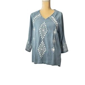 TRU LUXE JEANS Embroidered Boho Top Light Blue Size XS